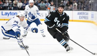 Alexander Kerfoot #15 of the Utah Hockey Club...