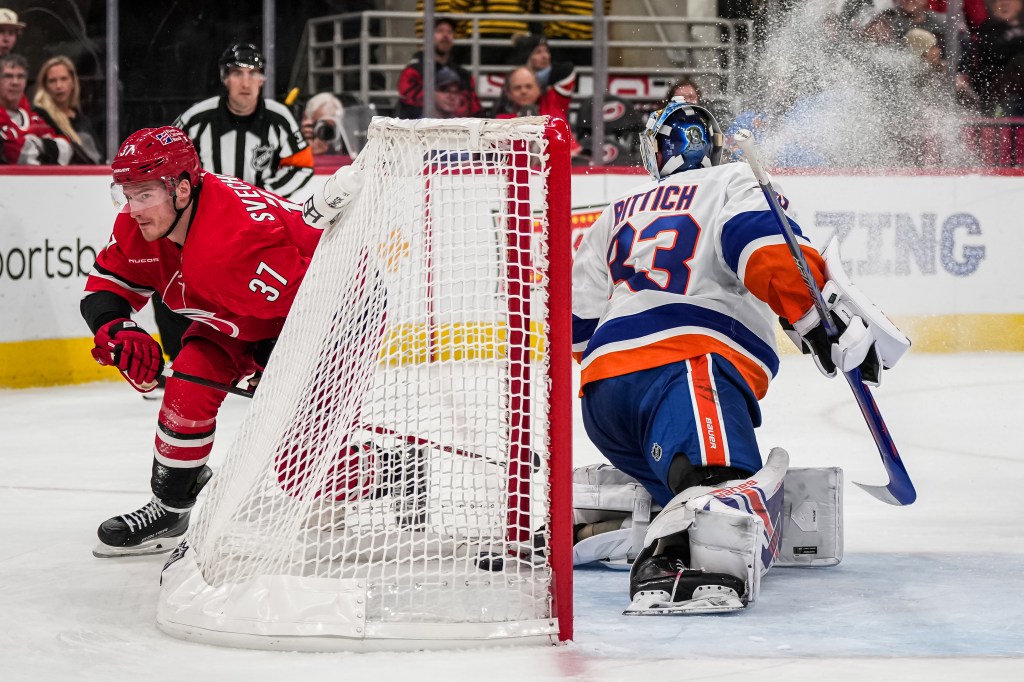 Andrei Svechnikov scores a goal on David Rittich during the third period of the Islanders'  6-2 loss to the Hurricanes on Oct. 30, 2025.