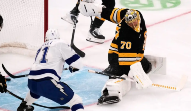Anthony Cirelli of the Tampa Bay Lightning scoring on Boston Bruins goaltender Joonas Korpisalo 10/13/2025