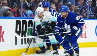 Toronto Maple Leafs center John Tavares (91) celebrates after scoring a goal against the Seattle Kraken during the second period at Scotiabank Arena.