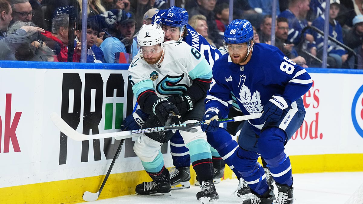 Toronto Maple Leafs center John Tavares (91) celebrates after scoring a goal against the Seattle Kraken during the second period at Scotiabank Arena.