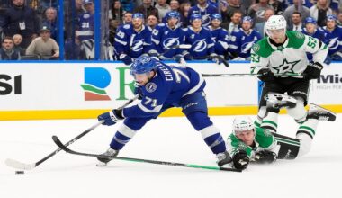 Tampa Bay Lightning center Anthony Cirelli (71) gets past Dallas Stars right wing Mikko Rantanen (96) and center Wyatt Johnston (53) on the way to scoring the game-winning goal during overtime an NHL hockey game Thursday, Oct. 30, 2025, in Tampa, Fla. (AP Photo/Chris O'Meara)