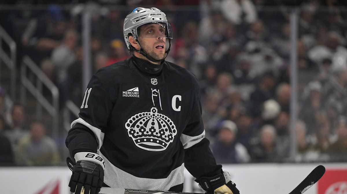 Los Angeles Kings center Anze Kopitar (11) looks on during a stoppage in play the second period against the Colorado Avalanche at Crypto.com Arena.