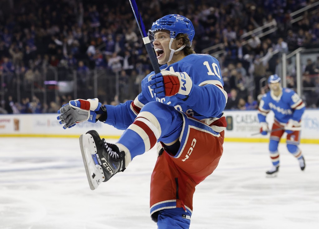 Artemi Panarin celebrates after scoring a goal during the Rangers' loss to the Wild on Oct. 20, 2025. 
