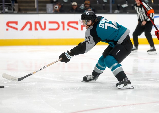 San Jose Sharks' William Eklund (72) scores a goal against...