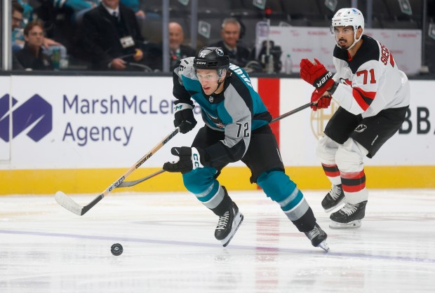 San Jose Sharks' William Eklund (72) breaks away to score...