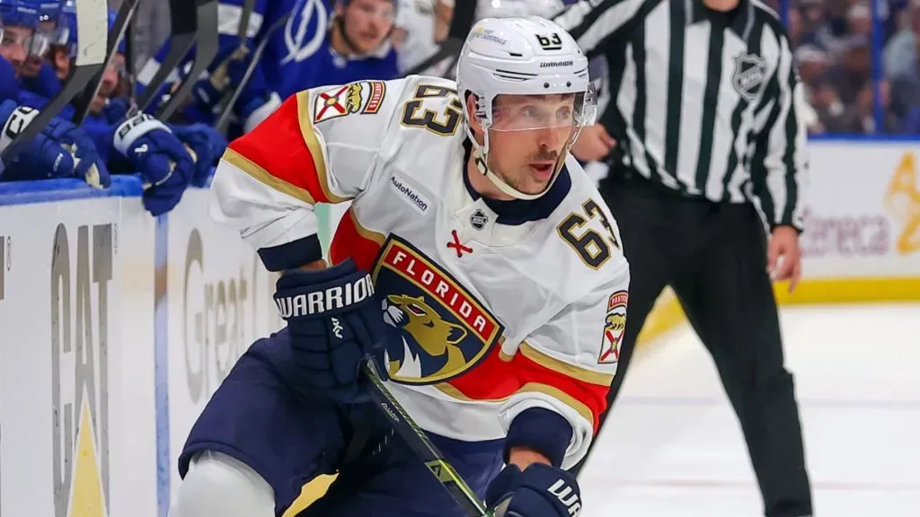 Brad Marchand #63 of the Florida Panthers looks to pass against the Tampa Bay Lightning in the first period of Game One of the First Round of the 2025 Stanley Cup Playoffs at the Amalie Arena on April 22, 2025 in Tampa, Florida.