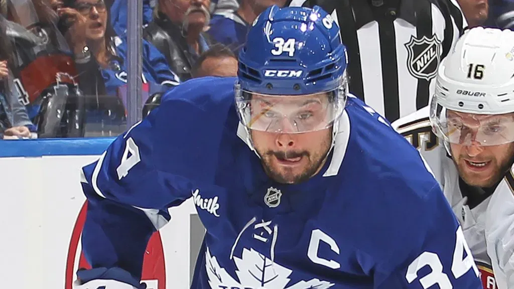 Auston Matthews #34 of the Toronto Maple Leafs  skates during the second period in Game Five of the Second Round of the 2025 Stanley Cup Playoffs.