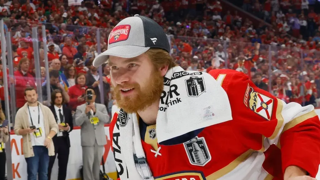 Tobias Bjornfot #2 of the Florida Panthers celebrates with the Stanley Cup