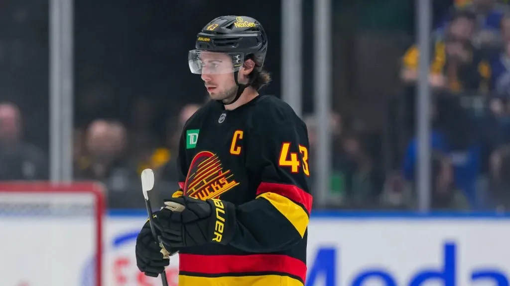 Quinn Hughes during a stoppage in play