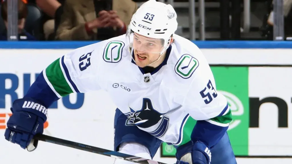Teddy Blueger #53 of the Vancouver Canucks skates in an NHL game. Bruce Bennett/Getty Images