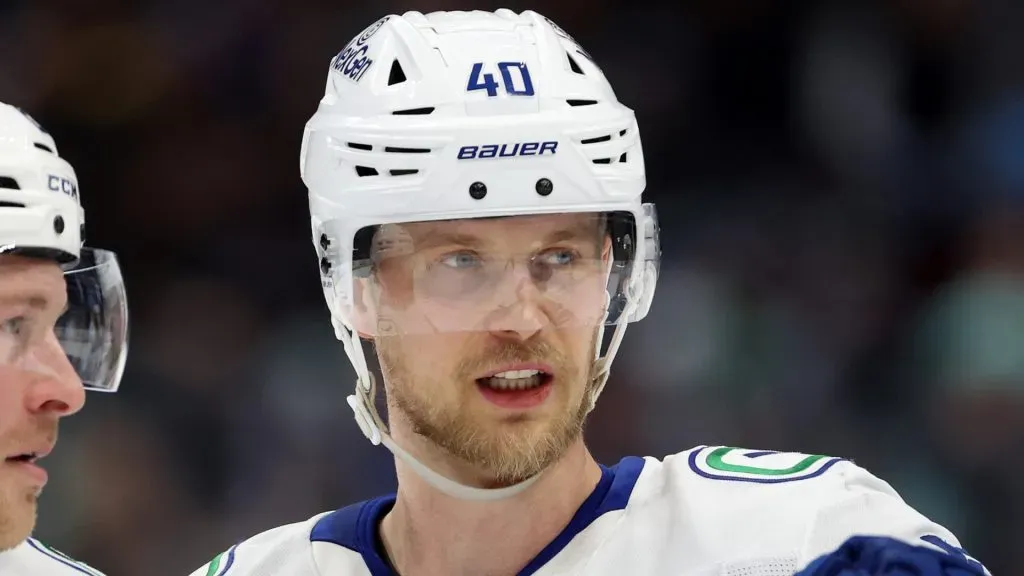 Elias Pettersson at Climate Pledge Arena on March 01, 2025 in Seattle, Washington.