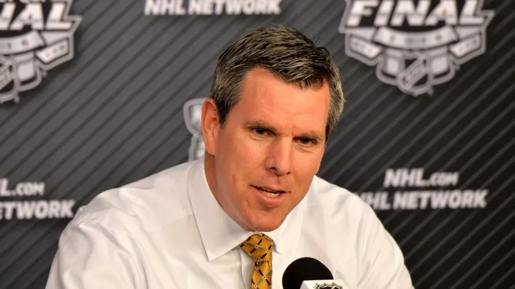 Head coach Mike Sullivan of the Pittsburgh Penguins speaks with the media during a post-game press conference after defeating the San Jose Sharks 3-2 in Game One of the 2016 NHL Stanley Cup Final at Consol Energy Center on May 30, 2016 in Pittsburgh, Pennsylvania.