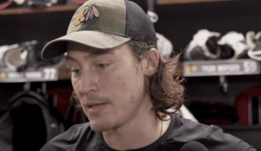 Blackhawks forward Tyler Bertuzzi speaks with the media following practice on Sept. 20.