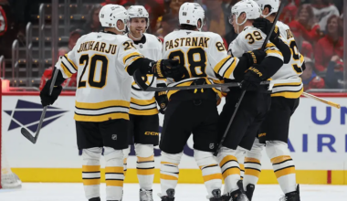 Boston Bruins celebrating a goal against the Washington Capitals on October 8, 2025.