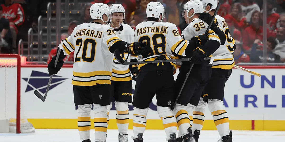 Boston Bruins celebrating a goal against the Washington Capitals on October 8, 2025.