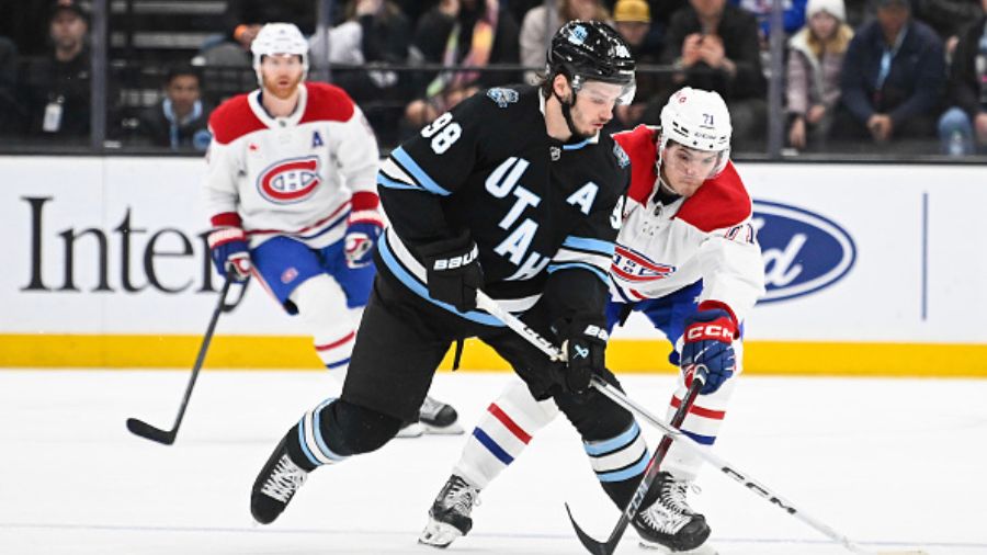 Mikhail Sergachev #98 of the Utah Hockey Club...