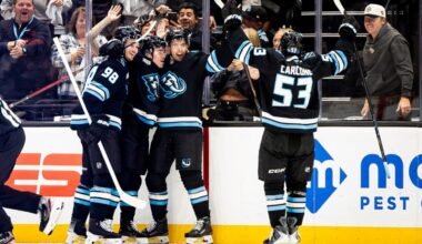 Dylan Guenther celebrates game-winner Utah Mammoth...