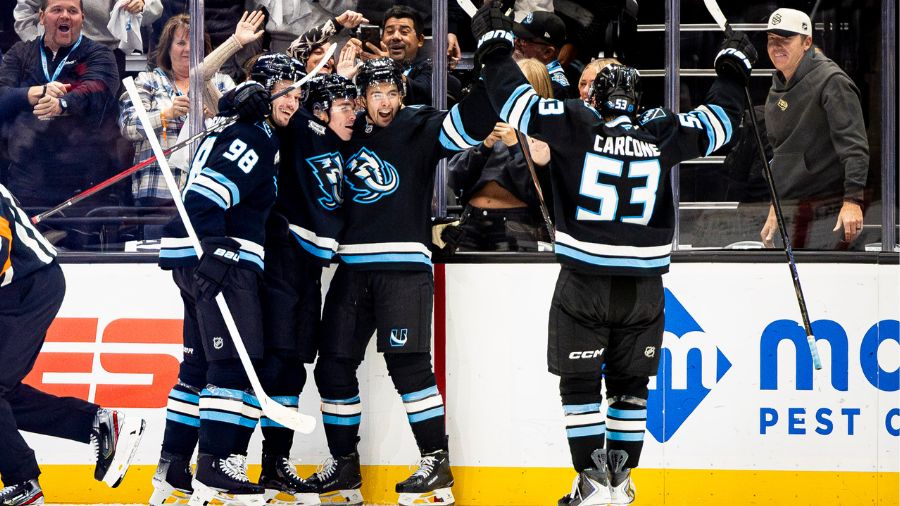 Dylan Guenther celebrates game-winner Utah Mammoth...
