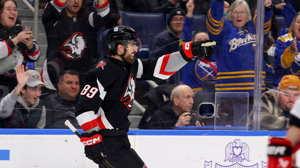 Buffalo Sabres right wing Alex Tuch (89) reacts after scoring a shorthanded goal during the second period against the Carolina Hurricanes at KeyBank Center.