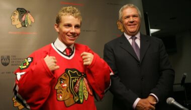 Blackhawks rookie Patrick Kane scores his first NHL goal