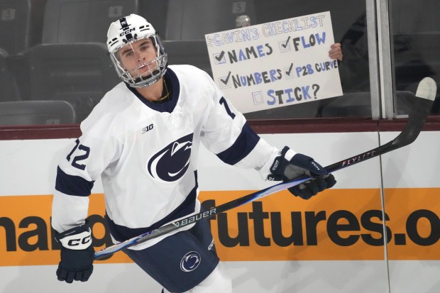Penn State's Gavin McKenna skates against Arizona State on Oct. 3, 2025, in Tempe, Ariz. (AP Photo/Rick Scuteri)