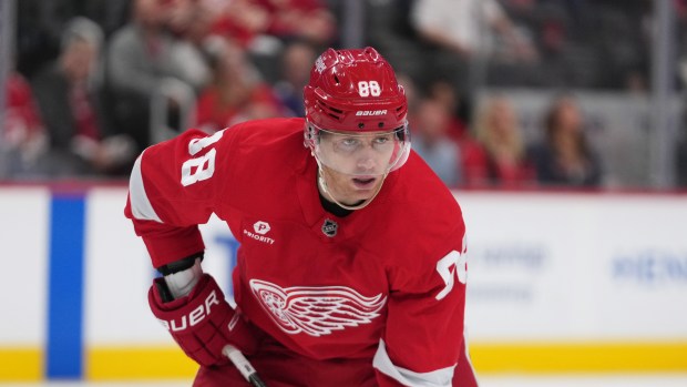 Red Wings right wing Patrick Kane plays against the Maple Leafs on Oct. 4, 2025, in Detroit. (AP Photo/Paul Sancya)