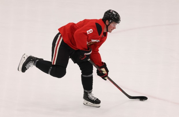 Ryan Donato practices on Sept. 18, 2025, as the Blackhawks begin training camp at Fifth Third Arena. (Brian Cassella/Chicago Tribune)