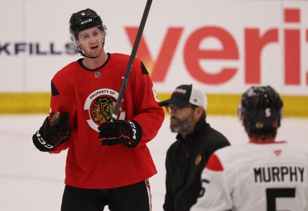 Defenseman Sam Rinzel practices Sept. 18, 2025, as the Blackhawks begin training camp at Fifth Third Arena. (Brian Cassella/Chicago Tribune)
