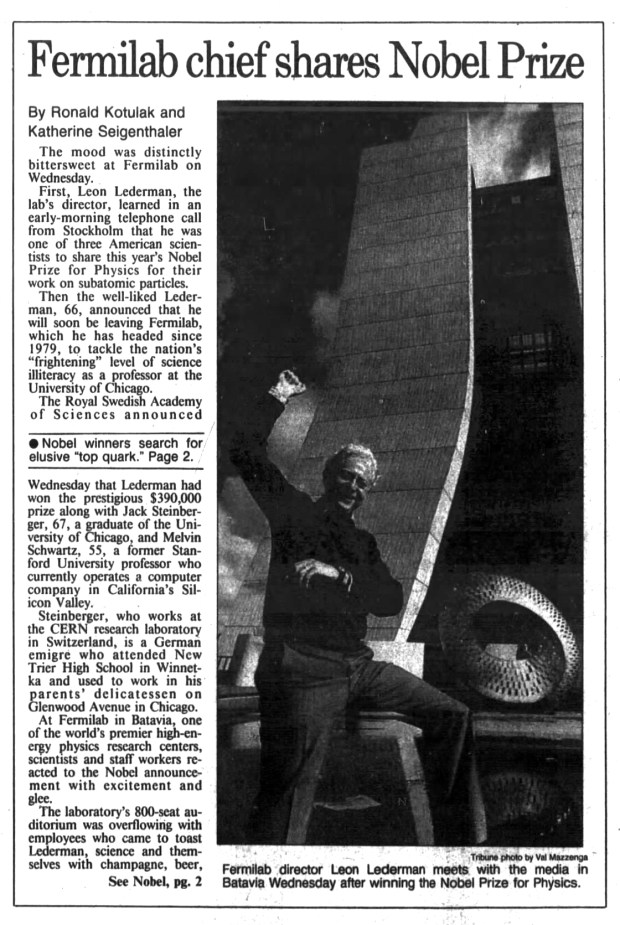 Fermilab director Leon Lederman shared a Nobel Prize in physics with University of Chicago graduate Jack Steinberger and Melvin Schwartz on Oct. 19, 1988, for their work on subatomic particles. (Chicago Tribune)