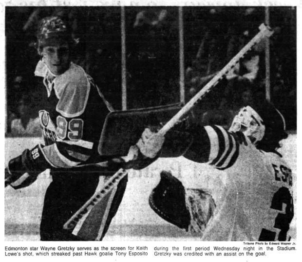 The Chicago Blackhawks beat the Edmonton Oilers (during their NHL debut) 4-2 at Chicago Stadium on Oct. 10, 1979. The game also marked the first for "Five million dollar boy" Wayne Gretzky. (Chicago Tribune)