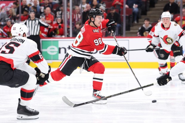 Connor Bedard #98 of the Chicago Blackhawks scores a goal against the Ottawa Senators during the second period at the United Center on Oct. 28, 2025 in Chicago, Illinois. (Photo by Michael Reaves/Getty Images)