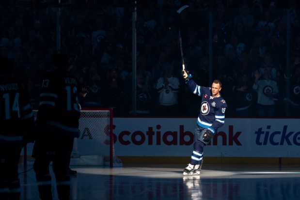Jonathan Toews is introduced in his first game for the Jets against the Stars on Oct. 9, 2025, in Winnipeg, Manitoba. (Cameron Bartlett/Getty Images)