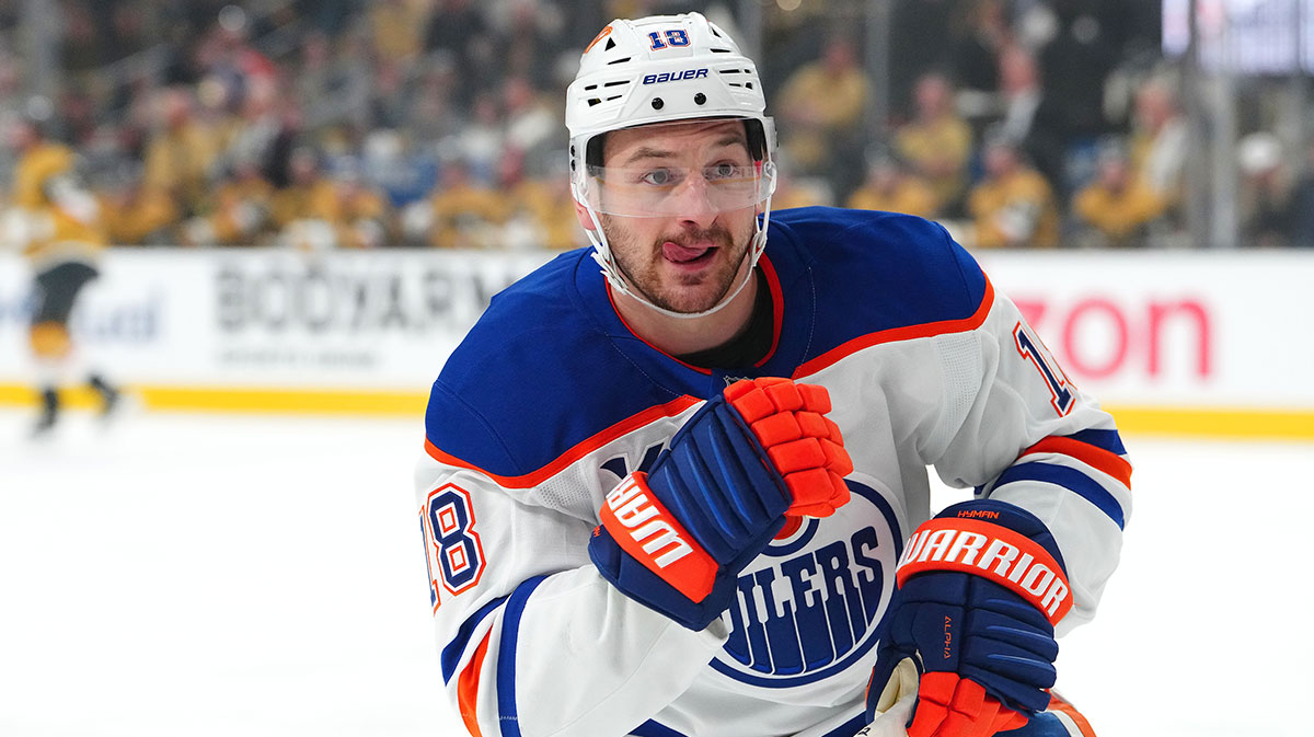 Edmonton Oilers left wing Zach Hyman (18) skates against the Vegas Golden Knights during the first period of game two of the second round of the 2025 Stanley Cup Playoffs at T-Mobile Arena