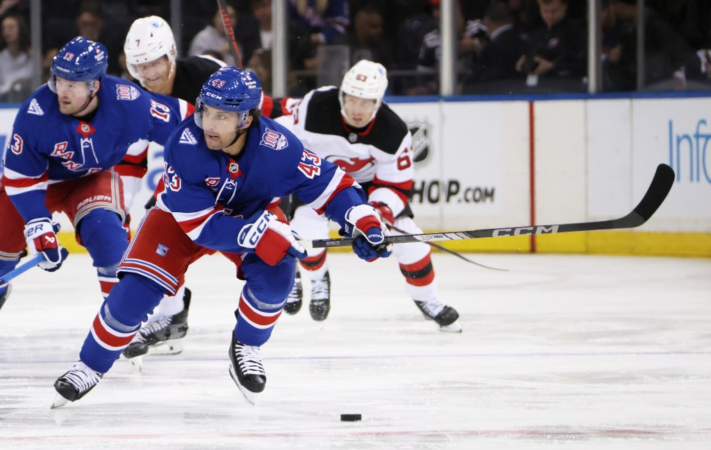 Conor Sheary, skating up ice during the Rangers' 3-1 preseason loss to the Devils, played in place of Artemi Panarin who was held out for precautionary reasons.