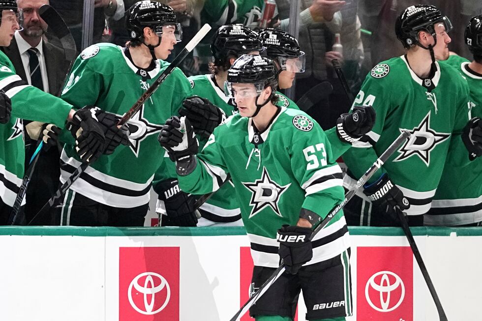 Dallas Stars center Wyatt Johnston (53) celebrates with the bench after scoring against the...