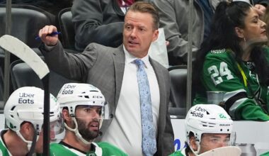 Dallas Stars head coach Glen Gulutzan directs his players in the second period of an NHL hockey game against the Colorado Avalanche, Saturday, Oct. 11, 2025, in Denver. (AP Photo/David Zalubowski)