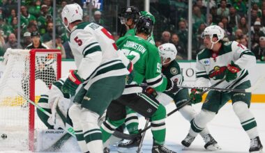 A shot by Dallas Stars center Wyatt Johnston (53) enters the net of Minnesota Wild goaltender Filip Gustavsson for a goal during the first period of an NHL hockey game Tuesday, Oct. 14, 2025, in Dallas. (AP Photo/Julio Cortez)