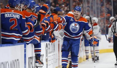 David Tomasek celebrating a goal for the Edmonton Oilers