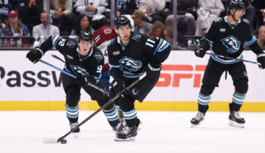 tah Hockey Club defenseman Sean Durzi (50) shoots against the Nashville Predators during the second period at Bridgestone Arena.