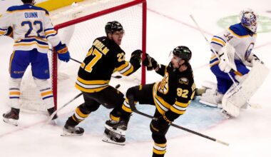 Marat Khusnutdinov (second from right) celebrated with Hampus Lindholm after scoring in overtime to lift the Bruins past the Sabres.