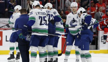 Vancouver Canucks forward Elias Pettersson (40) skates during warm up prior to a game against the St. Louis Blues at Rogers Arena.