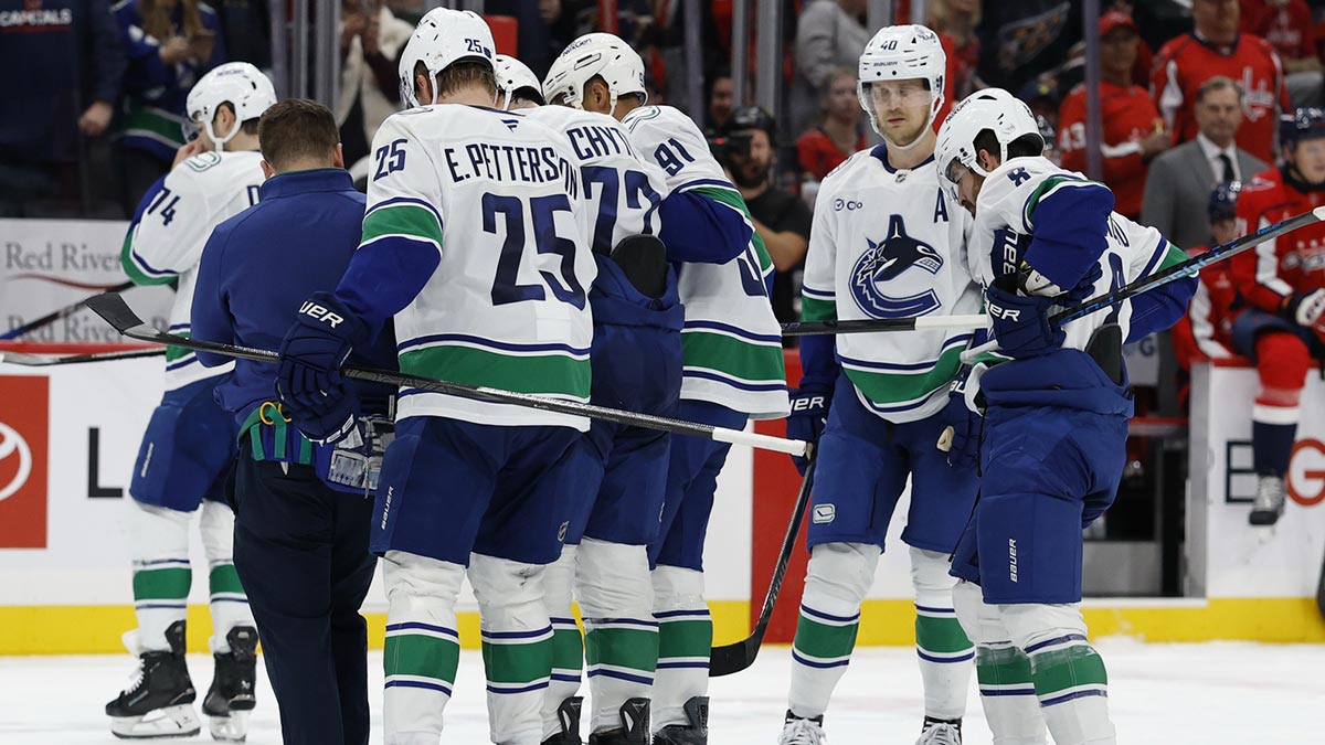 Vancouver Canucks forward Elias Pettersson (40) skates during warm up prior to a game against the St. Louis Blues at Rogers Arena.
