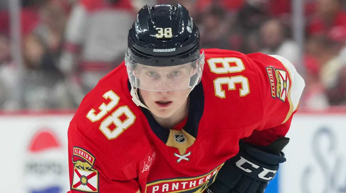 Florida Panthers right wing Jack Devine (38) looks on against the Carolina Hurricanes during the second period at Lenovo Center. 