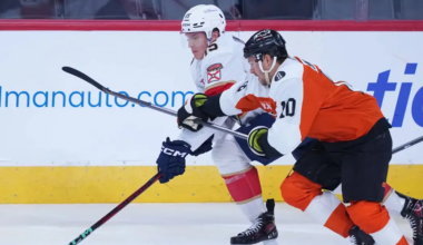 Lundell and Bobby Brink battle for the puck - Florida Panthers vs. Philadelphia Flyers