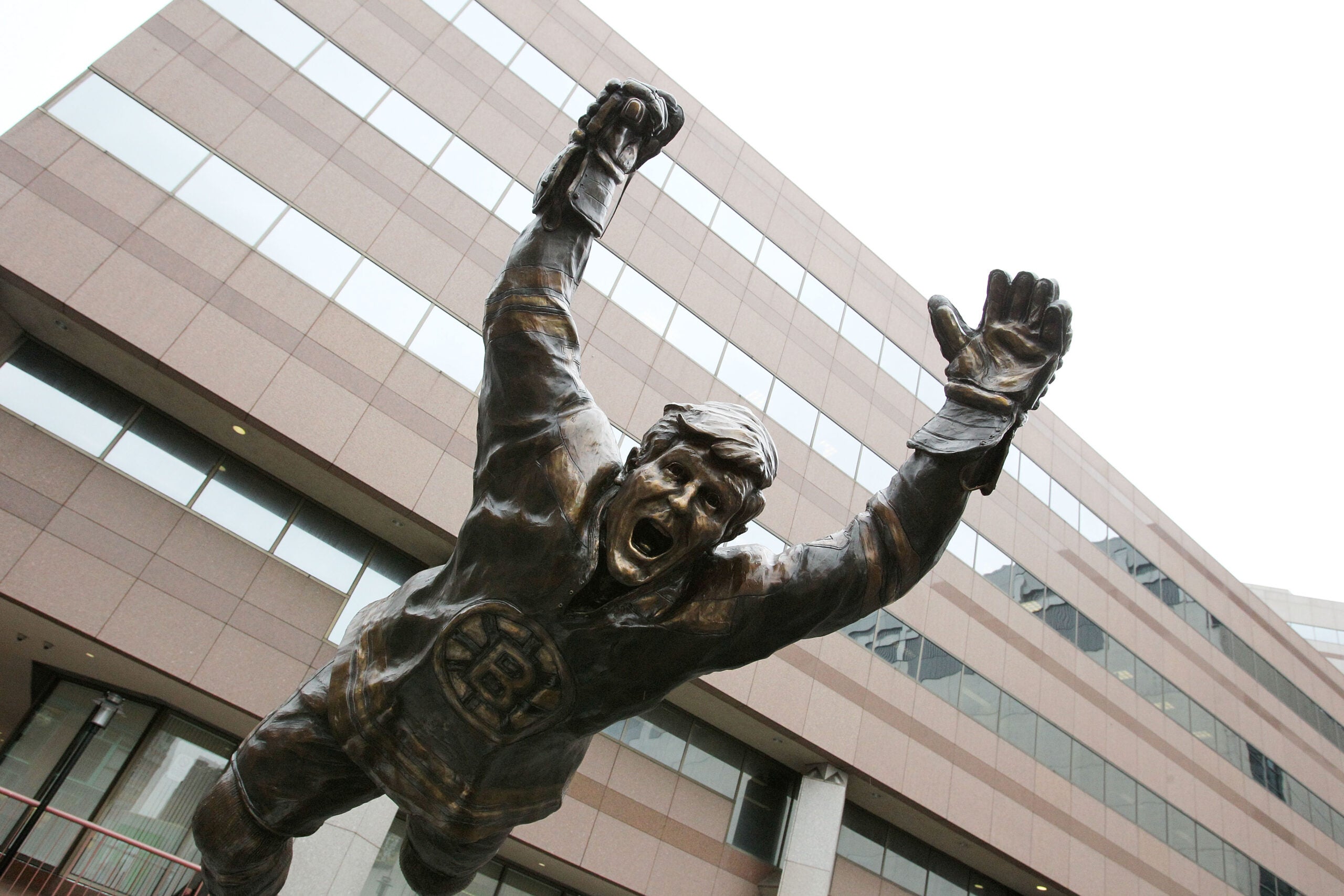 A sculpture of Bobby Orr stands in front of TD Garden. (Bruce Bennett/Getty Images)