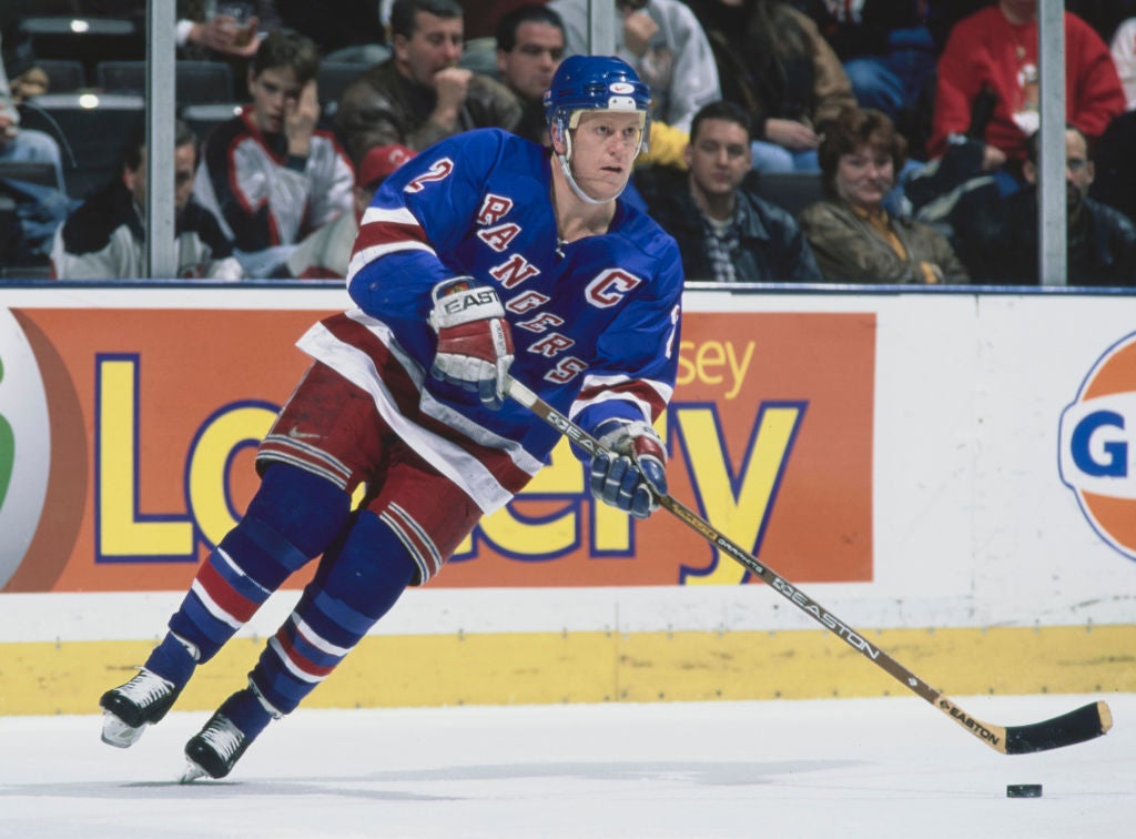 Brian Leetch #2 of the New York Rangers, in action during a game against the New Jersey Devils. (Al Bello/Allsport/Getty Images)