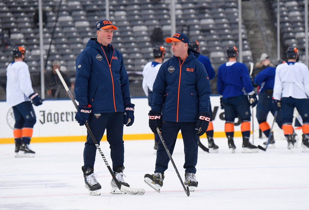 Islanders head coach Patrick Roy (l.) with goalie coach Piero Greco (r.) in 2024.