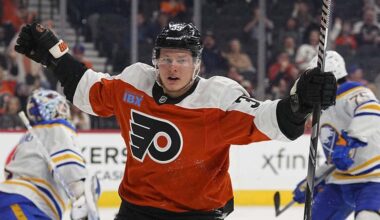 PHILADELPHIA, PENNSYLVANIA - MARCH 29: Matvei Michkov #39 of the Philadelphia Flyers reacts after scoring a goal against the Buffalo Sabres in the second period at the Wells Fargo Center on March 29, 2025 in Philadelphia, Pennsylvania.