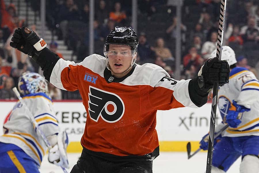 PHILADELPHIA, PENNSYLVANIA - MARCH 29: Matvei Michkov #39 of the Philadelphia Flyers reacts after scoring a goal against the Buffalo Sabres in the second period at the Wells Fargo Center on March 29, 2025 in Philadelphia, Pennsylvania.